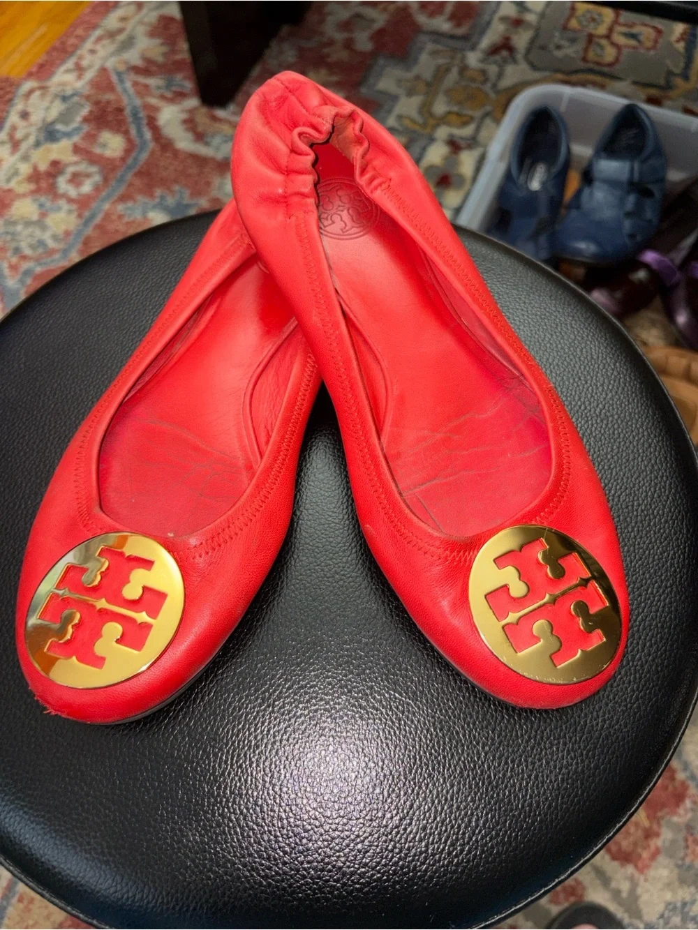 Tory Burch Red Leather Ballet Flats with Gold Logo Medallion